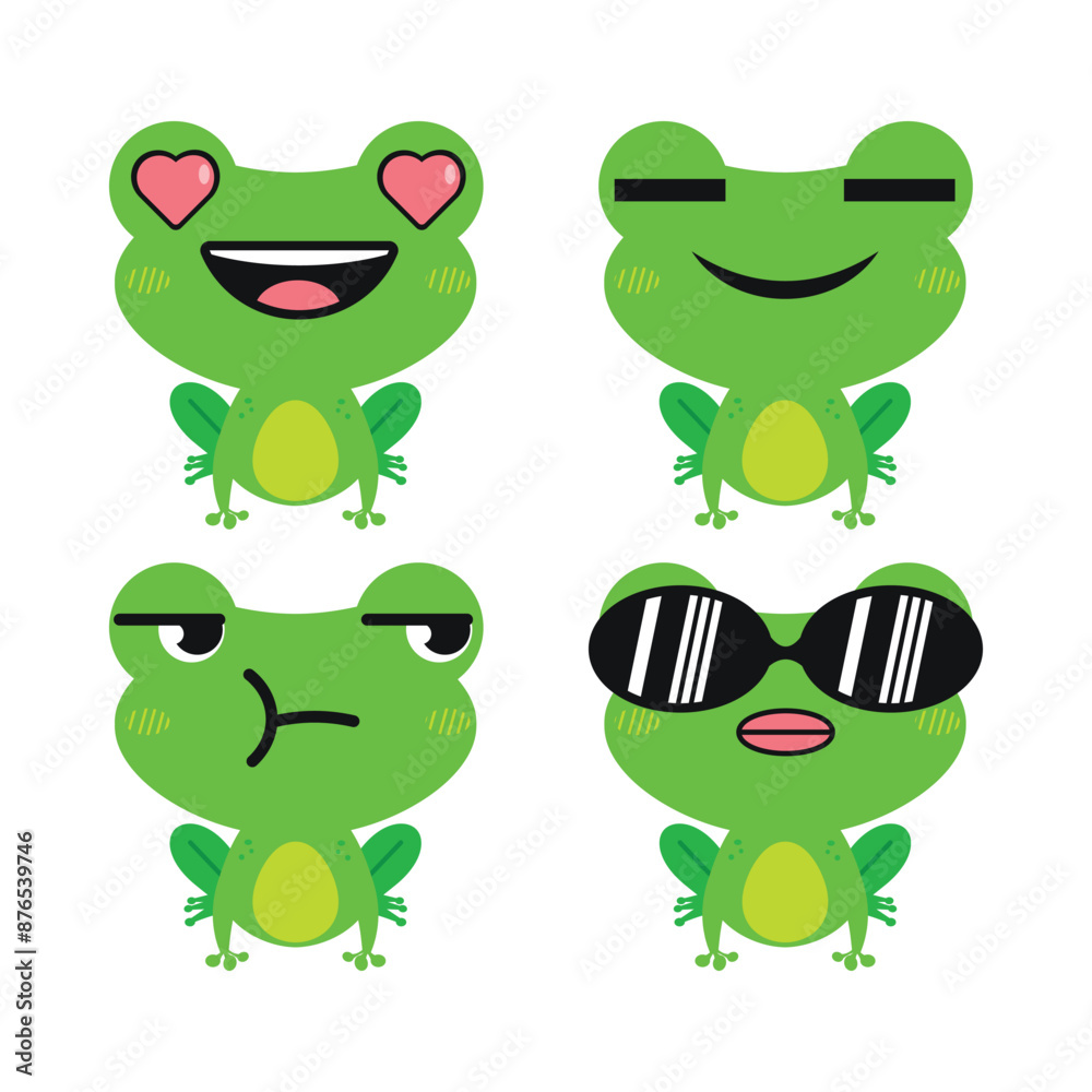 Vector set of cute green Frog emoji faces with various expressions. Isolated on white background Vector set of cute green Frog emoji faces with various expressions. Isolated on white background