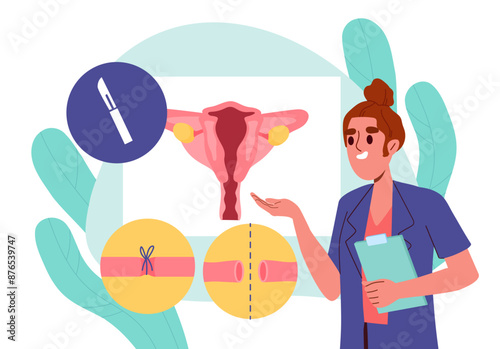 Umbilical cord cutting. Woman in medical uniform near umbilical cord. Anatomy and biology of childbirth. Female reproductive system. Flat vector illustration isolated on white background