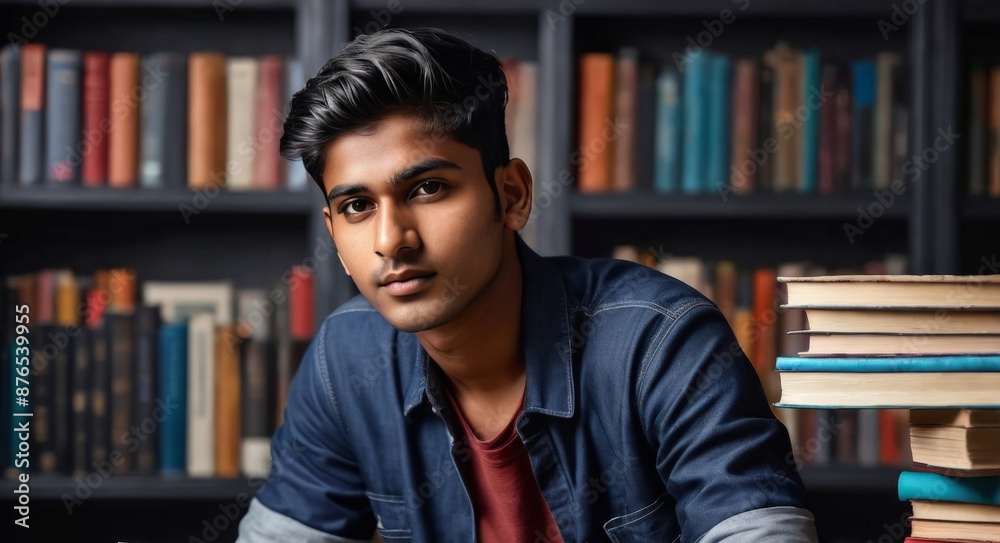 Portrait of a young Indian student sitting in a library Portrait of a young Indian student sitting in a library