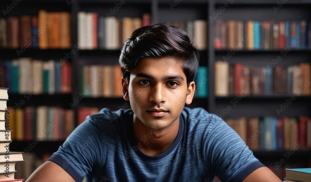 Portrait of a young Indian student sitting in a library Portrait of a young Indian student sitting in a library