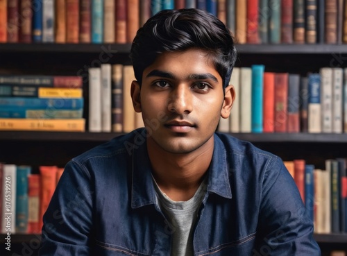 Portrait of a young Indian student sitting in a library