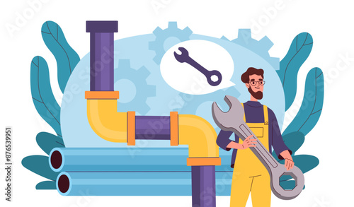 Pipe repair concept. Man in uniform with wrench near plumbing pipes. Plumber with equipment fix problems in bathroom. Repairman with pipeline. Flat vector illustration isolated on white background