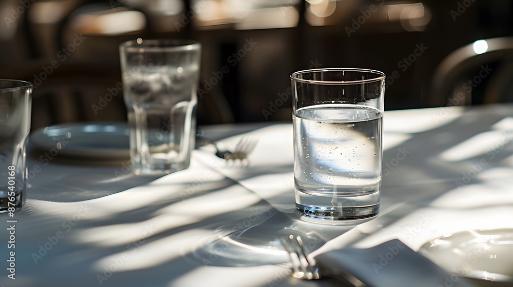Glass of pure water with light reflection and shadow on white table of restaurant. Glass of pure water with light reflection and shadow on white table of restaurant.