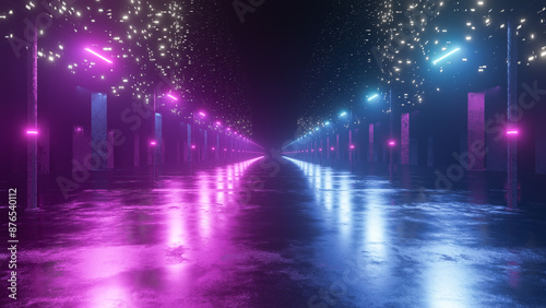 Futuristic Night Street With Neon Lights With Old Asphalt And Skyscrapers. Night Urban Scene Without People. Fashion Design For Banners, Projects. Three-Dimensional Illustration