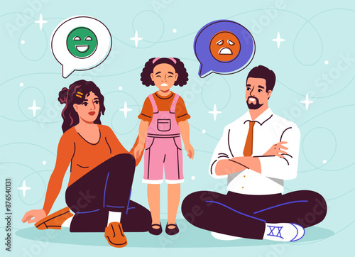Positive parenting concept. Man and woman take care of girl. Mother and father with daughter spend time together. Responsible parents. Flat vector illustration isolated on blue background
