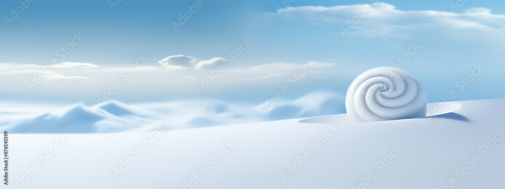 Obraz premium Abstract winter scene with a white snail on a snowy field, blue sky and white clouds.