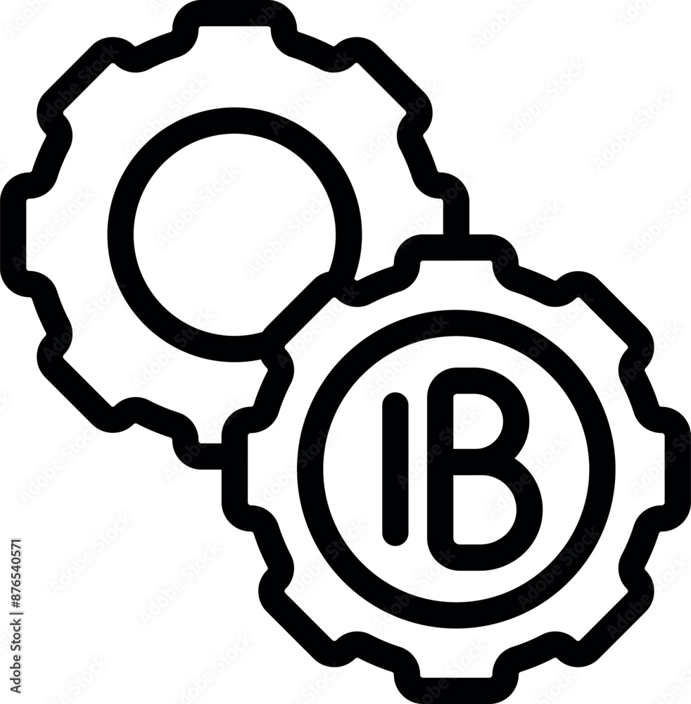 Line art icon of two gears connecting with international business symbol for global commerce Line art icon of two gears connecting with international business symbol for global commerce