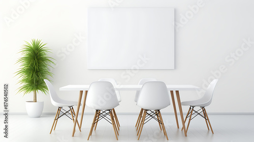 Minimalist white dining room with wooden chairs and a blank canvas evokes clean modern design and a sense of calm for home decor. 