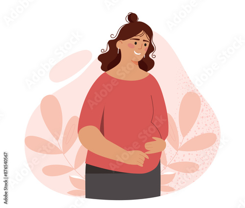 Pregnant woman concept. Happy young girl holding her belly with her hands. Expecting mother and future parent. Person with motherhood. Flat vector illustration isolated on white background