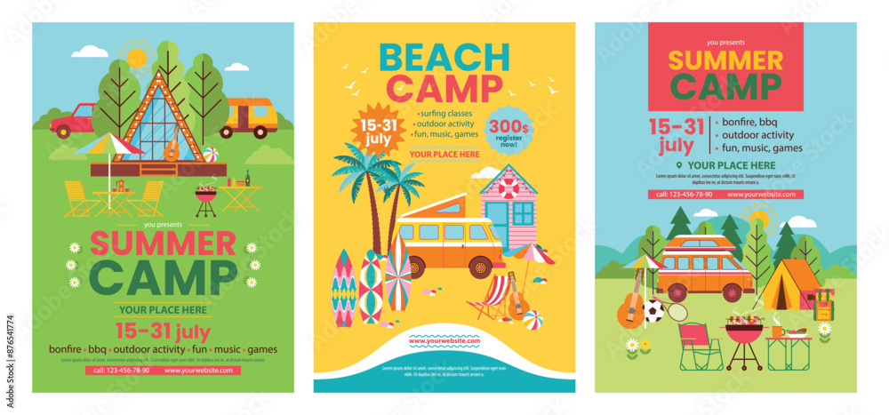 Set of summer camp flyers template with tourist equipment, bungalow and transportation. Summer vacation, tourism and traveling. Recreation outdoors in tent, cabin or van with leisure accessories Set of summer camp flyers template with tourist equipment, bungalow and transportation. Summer vacation, tourism and traveling. Recreation outdoors in tent, cabin or van with leisure accessories