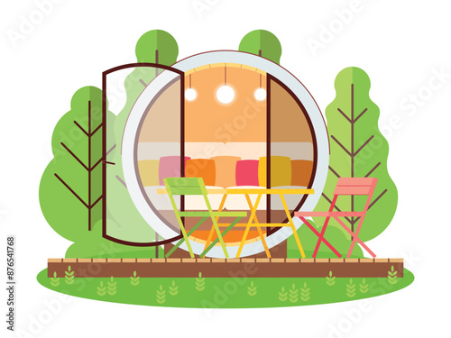A cylinder-shaped tube house with a glass facade and furniture inside. Glamping capsule, camping house with a sofa within and folding furniture on the podium. Portable modular cozy tiny house for outd
