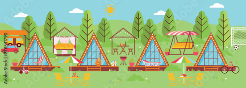 Summer glamping with beautiful cabins and infrastructure for leisure and chilling in nature. Luxury camping with lodges, relaxation areas, barbecue zone, sports activity and parking.