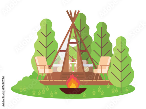 Bohemian glamping pod with furniture within, on a podium with armchair. A-shape hut based on wooden frame covered with glass in front of the fire. Modern compact lodge for outdoor relaxation.