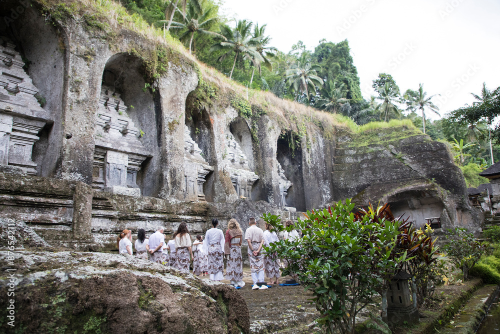 Beautiful view of Gunung Kawi Tampaksiring and ritual in Ubud, Bali Island, Indonesia