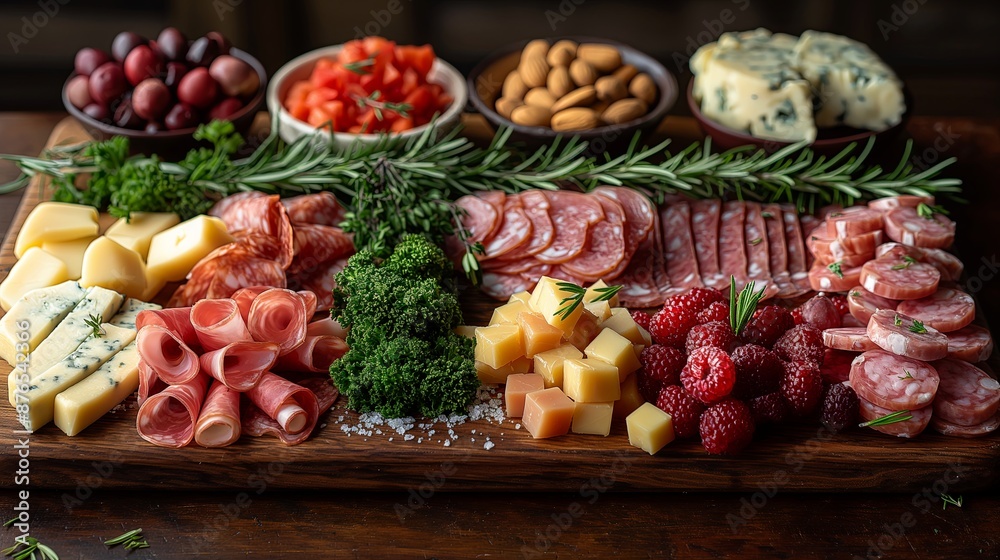 Gourmet Charcuterie Board with Cheeses, Meats, and Fruits for Culinary and Party Planning Content Gourmet Charcuterie Board with Cheeses, Meats, and Fruits for Culinary and Party Planning Content