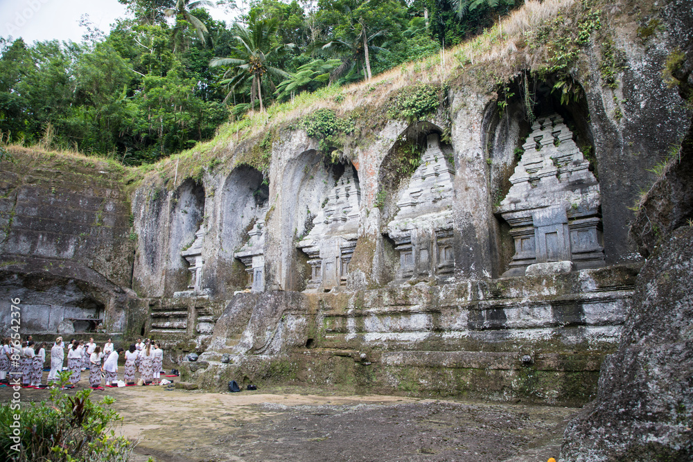 Beautiful view of Gunung Kawi Tampaksiring and ritual in Ubud, Bali Island, Indonesia