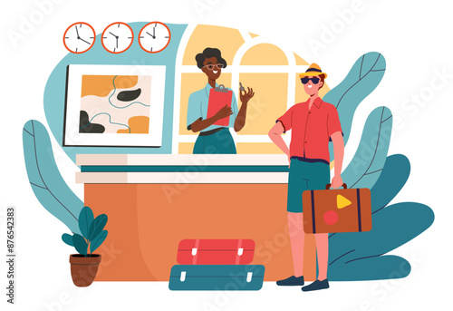Reception at hotel. Man with suitcase talks to receptionist. Tourist with holiday and vacation. Business travel and trip. Booking and reservation of room. Flat vector illustration