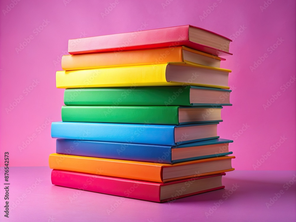 Vibrant rainbow-hued books stacked high on a bright pink background, symbolizing diversity, inclusivity, and empowerment within the LGBTQ+ community. Vibrant rainbow-hued books stacked high on a bright pink background, symbolizing diversity, inclusivity, and empowerment within the LGBTQ+ community.