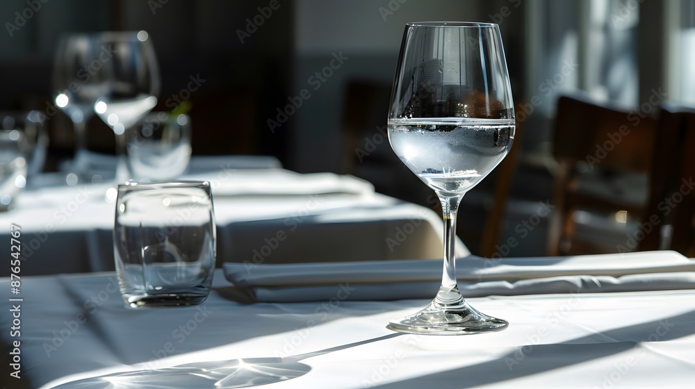 Glass of pure water with light reflection and shadow on white table of restaurant. Glass of pure water with light reflection and shadow on white table of restaurant.