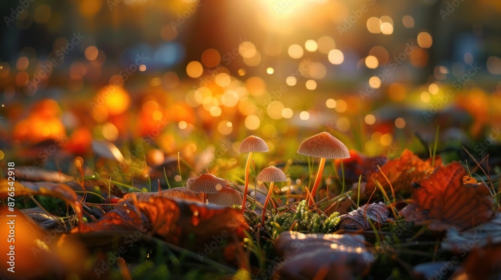 Tiny, fresh mushrooms sprout in the grass of an autumn forest. They nestle among fallen leaves, creating a magical scene that invites mushroom picking Tiny, fresh mushrooms sprout in the grass of an autumn forest. They nestle among fallen leaves, creating a magical scene that invites mushroom picking
