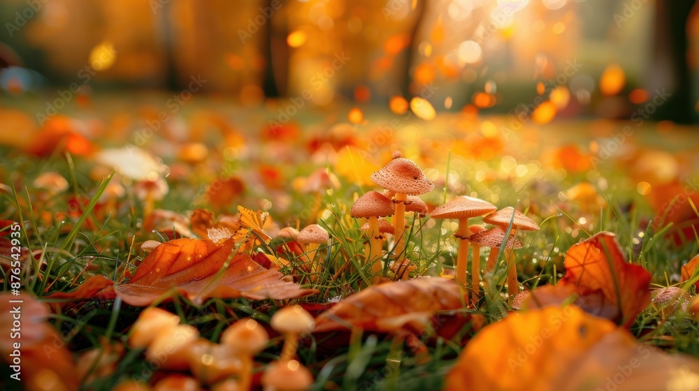 Tiny, fresh mushrooms sprout in the grass of an autumn forest. They nestle among fallen leaves, creating a magical scene that invites mushroom picking Tiny, fresh mushrooms sprout in the grass of an autumn forest. They nestle among fallen leaves, creating a magical scene that invites mushroom picking
