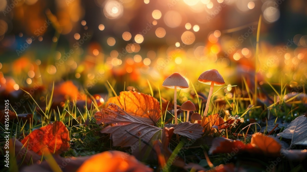 Tiny, fresh mushrooms sprout in the grass of an autumn forest. They nestle among fallen leaves, creating a magical scene that invites mushroom picking Tiny, fresh mushrooms sprout in the grass of an autumn forest. They nestle among fallen leaves, creating a magical scene that invites mushroom picking