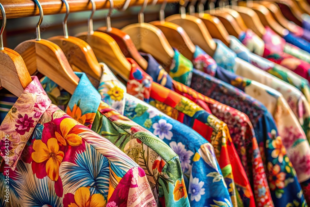 Vibrant floral patterned shirts adorn wooden hangers, showcasing a kaleidoscope of colors and styles, embodying the essence of spring and summer fashion's playful, whimsical vibe. Vibrant floral patterned shirts adorn wooden hangers, showcasing a kaleidoscope of colors and styles, embodying the essence of spring and summer fashion's playful, whimsical vibe.