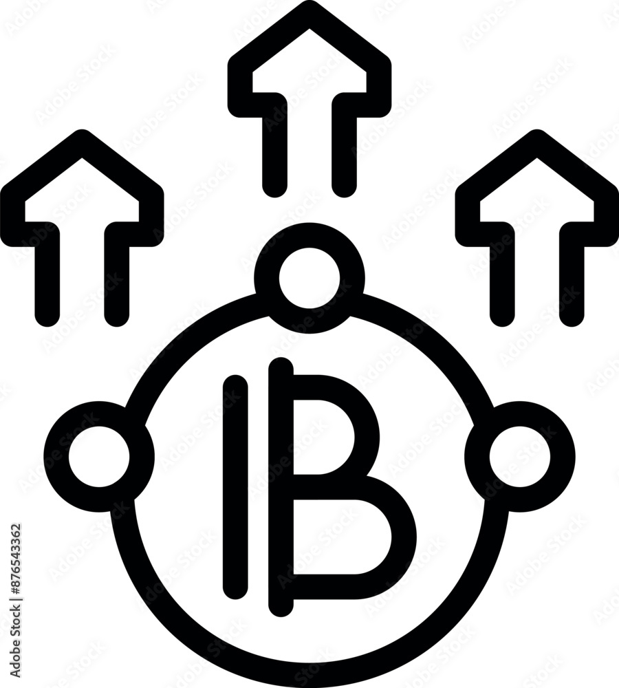 Line icon of the thai baht currency symbol surrounded by arrows pointing up, indicating increasing value Line icon of the thai baht currency symbol surrounded by arrows pointing up, indicating increasing value