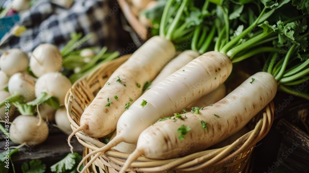 White daikon, also known as white radish, is a type of radish commonly used in Asian cuisine. It has a long, cylindrical shape and a mild, slightly sweet flavor. White daikon, also known as white radish, is a type of radish commonly used in Asian cuisine. It has a long, cylindrical shape and a mild, slightly sweet flavor.