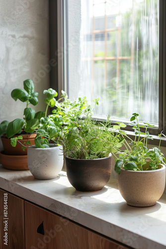 Growing own herbs on a windowsill in a kitchen. Cultivation of fresh produce in flower pots of different shapes and colors.