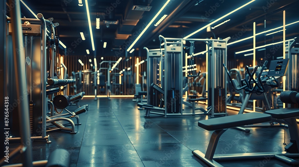 Fitness machine and equipments in modern fitness gym room or sport club in morning time. Fitness machine and equipments in modern fitness gym room or sport club in morning time.