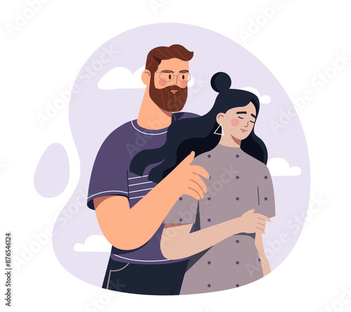 Man support upset woman. Young guy hugs and calms girlfriend. Couple with psychological support. Girl with depression and frustration, sorrow. Flat vector illustration isolated on white background