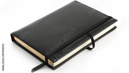 Closed black leather notebook with a strap on a white background elegant and professional perfect for journaling or note-taking