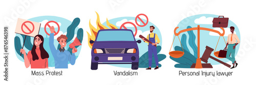 Violation of law set. Vandalism, mass protest and personal injury lawyer. Revolution and riot. Man broke automobile at street. Flat vector illustration isolated on white background