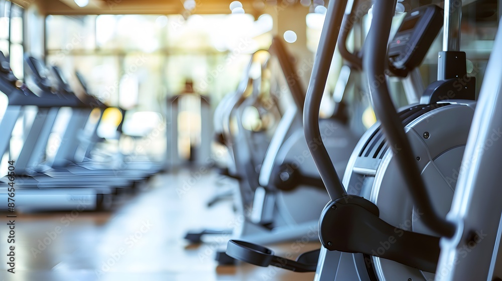Obraz premium Fitness machine and equipments in modern fitness gym room or sport club in morning time. 
