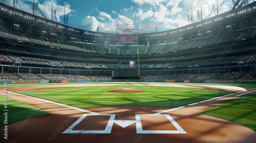 A grand baseball stadium with a field and diamond illuminated by the bright sun A grand baseball stadium with a field and diamond illuminated by the bright sun