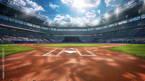 A grand baseball stadium with a field and diamond illuminated by the bright sun
