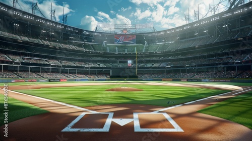 A grand baseball stadium with a field and diamond illuminated by the bright sun