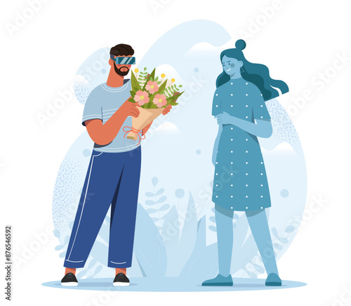 Virtual dating concept. Man in virtual reality glasses gives bouquet to young girl. Guy in headset in metaverse or cyberspace. Love and romance, date simulation. Flat vector illustration