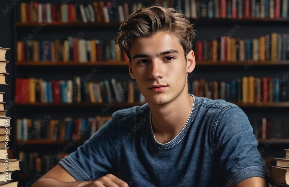 Portrait of a european young male student sitting in a library Portrait of a european young male student sitting in a library