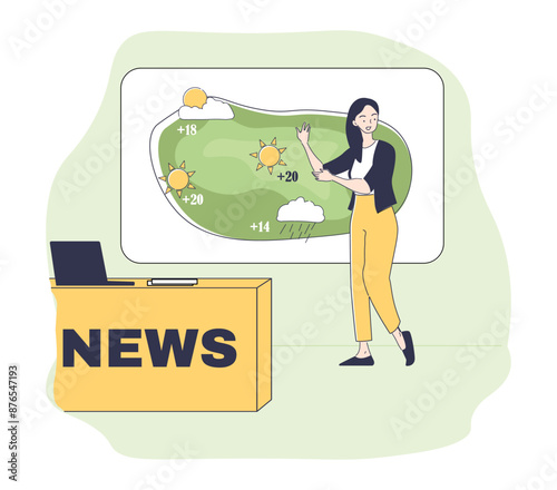 Woman with weather broadcast. Young girl hosts television show. Weather forecast presenter, meteorological industry. Climate changes. Linear vector illustration isolated on white background