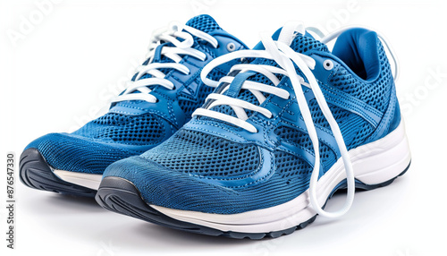 Pair of blue athletic shoes with white laces on a white background perfect for running or casual wear comfortable and stylish with mesh fabric and rubber soles