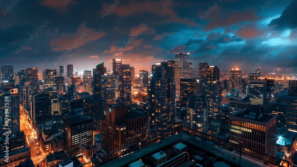 Fototapeta premium Panoramic view of city skyline at night from a modern balcony