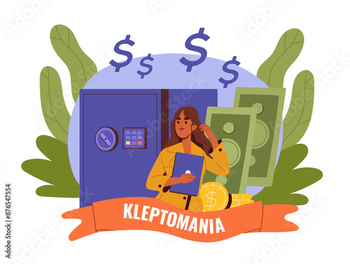 Woman with kleptomania. Young girl steals small things. Mental disorders and psychological illness. Shoplifter with pickpocket. Flat vector illustration isolated on white background