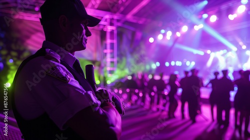 Security guard at a music concert with dancers and an energetic crowd