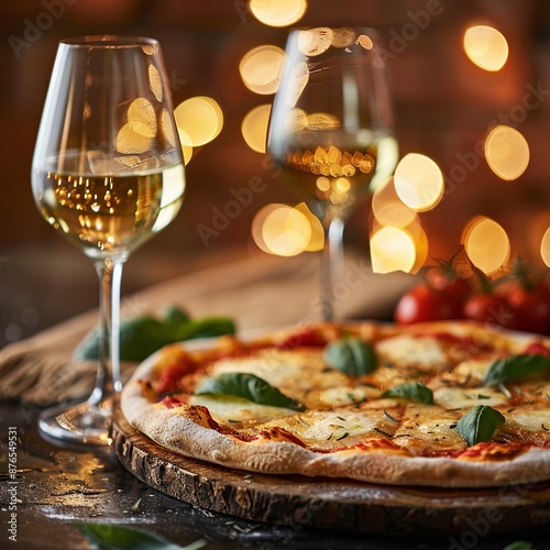 Pizza on a rustic table with two wine glasses and cozy yellow lights in the background. Perfect for themes of dining, comfort, and ambiance photo