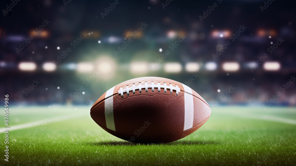 American Football/Rugby Ball on green grass in sport arena/stadium with lights, reflectors and flashes, copy space, aspect ratio 16:9 American Football/Rugby Ball on green grass in sport arena/stadium with lights, reflectors and flashes, copy space, aspect ratio 16:9