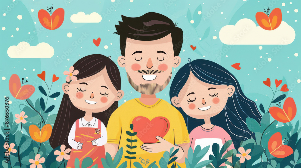 Colorful illustration of a happy father with two daughters, surrounded by nature and hearts, symbolizing love and family. Colorful illustration of a happy father with two daughters, surrounded by nature and hearts, symbolizing love and family.