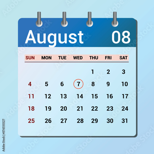 vector page of August month calendar and highlighted date August 7