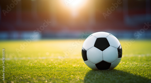 Soccer/European football ball on green grass in soccer field, in the evening under lights and reflectors, copy space, aspect ratio 16:9
